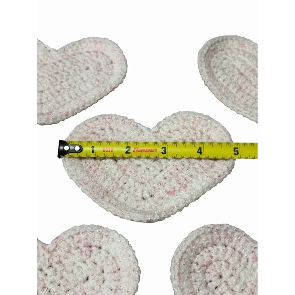 Handmade Crochet Coasters HEARTS light pink & white set of 5